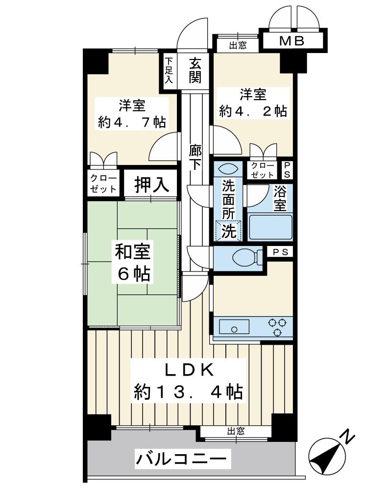 Floor plan. 3LDK, Price 23.8 million yen, Footprint 60.9 sq m , Balcony area 8.02 sq m southeast ・ Southwest Corner Room