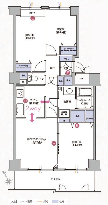 Floor plan. 3LDK, Price 30,800,000 yen, Occupied area 66.12 sq m , Balcony area 9.37 sq m