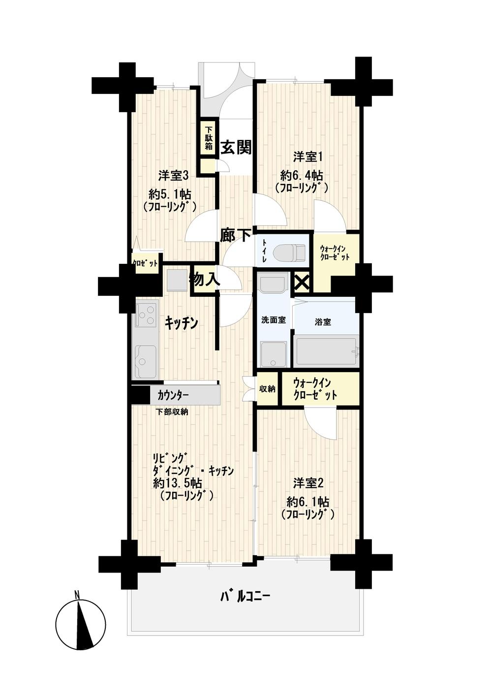 Floor plan. 3LDK + 2S (storeroom), Price 23,990,000 yen, Occupied area 68.39 sq m , Is a good floor plan of the balcony area 10.68 sq m usability