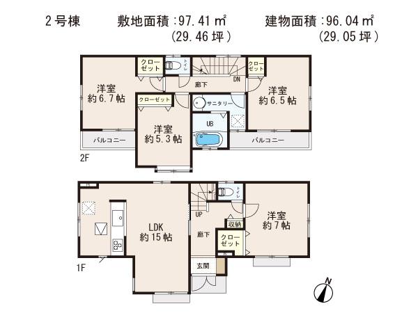 Floor plan. (Building 2 (P-H)), Price 25,800,000 yen, 4LDK, Land area 97.03 sq m , Building area 96.04 sq m