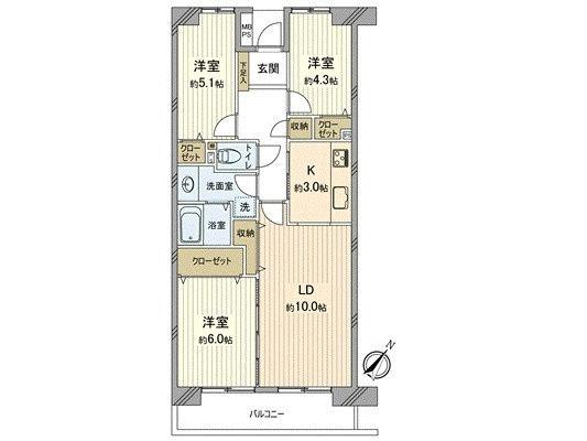 Floor plan. 3LDK, Price 23.5 million yen, Footprint 67.8 sq m , Good Floor balcony area 8.62 sq m usability