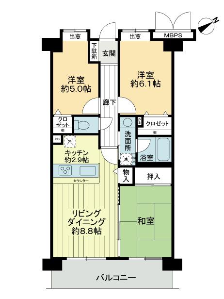 Floor plan. 3LDK, Price 31.5 million yen, Footprint 64.2 sq m , Balcony area 9 sq m