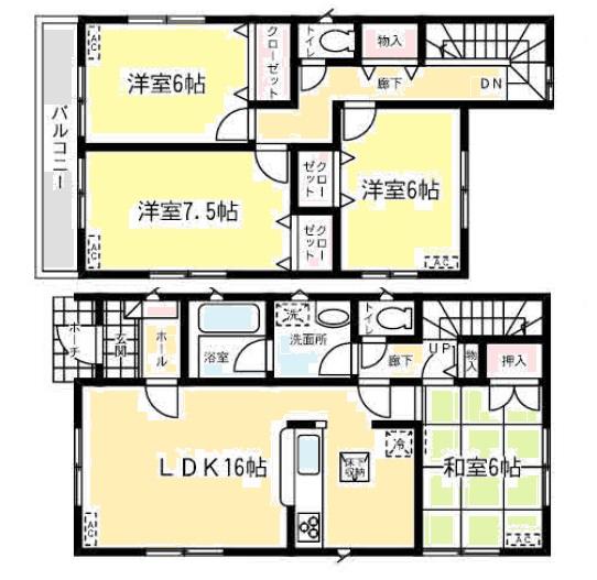 Floor plan. 19,800,000 yen, 4LDK, Land area 164.57 sq m , Building area 98.82 sq m south-facing spacious 16 quires living, Popular face-to-face kitchen