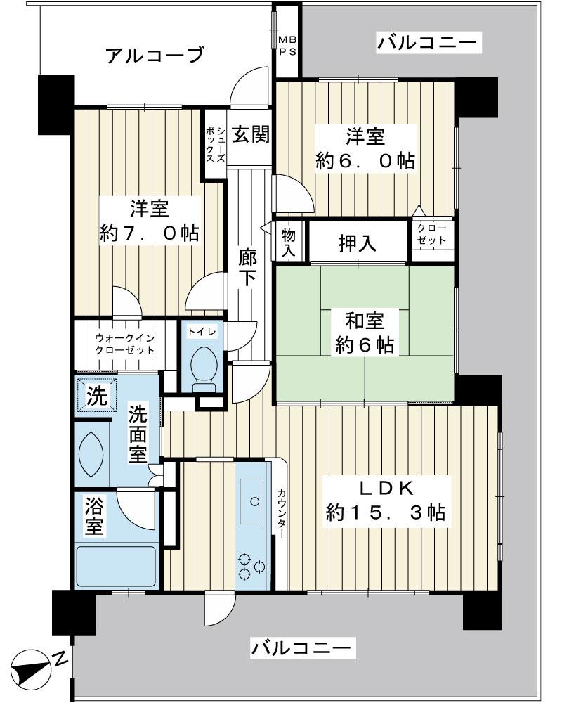 Floor plan. 3LDK, Price 26,900,000 yen, Occupied area 75.89 sq m , Balcony area 36.4 sq m southeast ・ Northeast ・ Northwest corner room