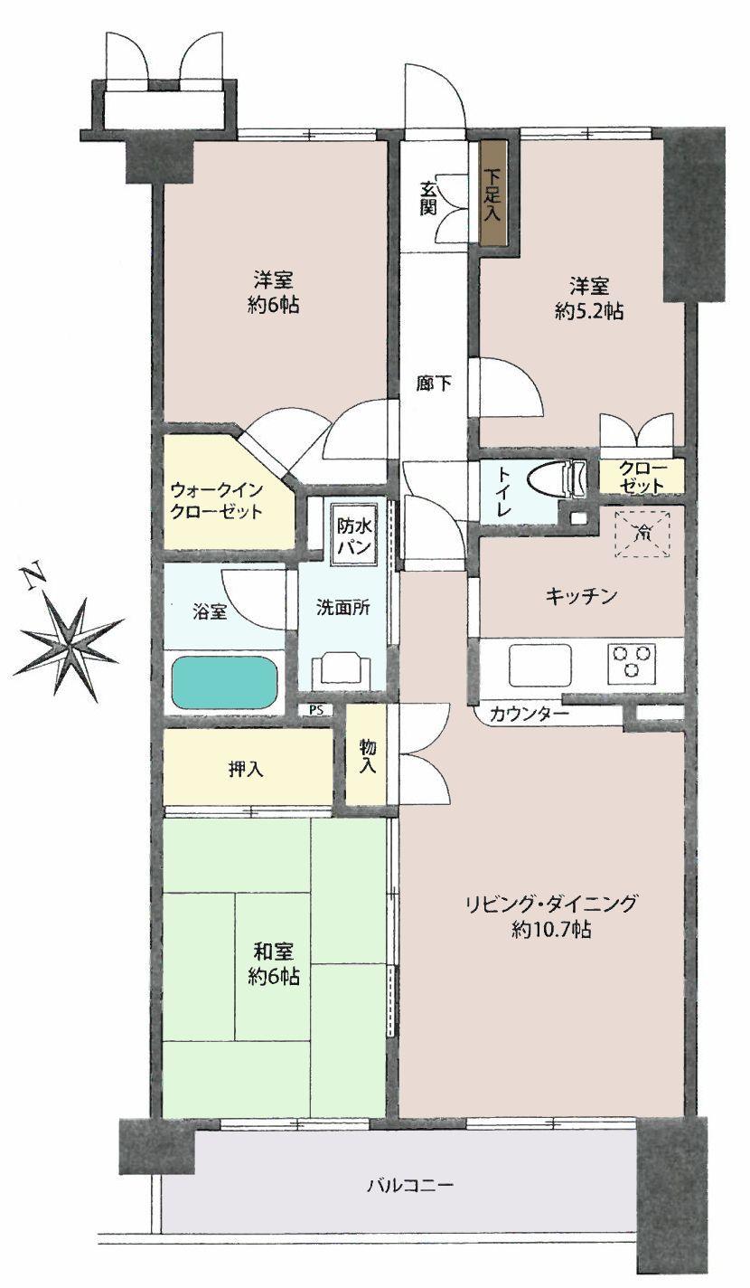 Floor plan. 3LDK, Price 28.8 million yen, Footprint 67.8 sq m , Good balcony area 9 sq m usability, It is a floor plan