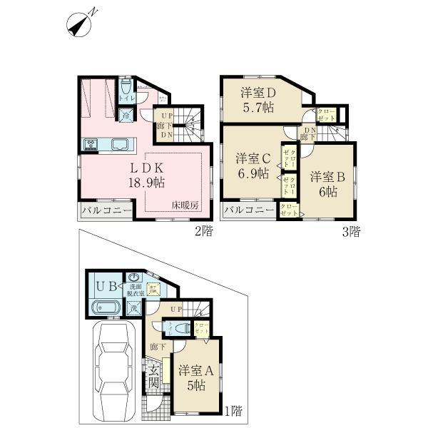 Floor plan. (A Building), Price 46,900,000 yen, 4LDK, Land area 60 sq m , Building area 106.75 sq m