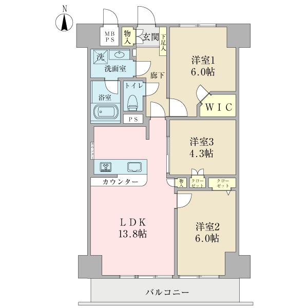 Floor plan. 3LDK, Price 21,400,000 yen, Occupied area 66.15 sq m , Balcony area 7.56 sq m