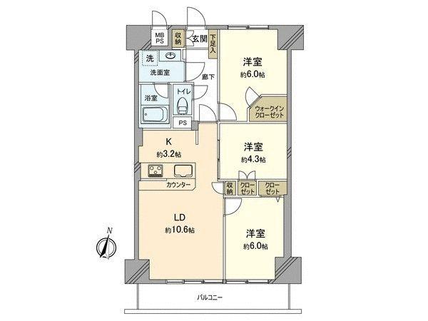 Floor plan. 3LDK, Price 21,400,000 yen, Occupied area 66.15 sq m , Balcony area 7.56 sq m south-facing