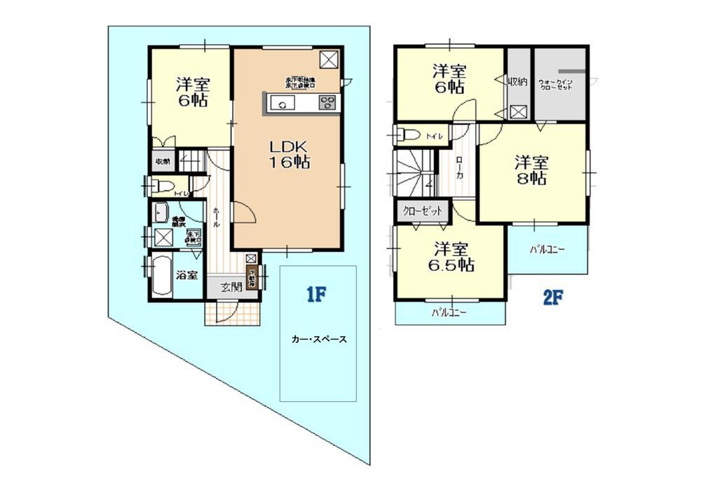 Floor plan. ■ Building area: 103.50 square meters (4LDK) ■ LDK: 16 Pledge ■ All room: 6 quires more ■ All room: two-sided lighting ■ South side: two places balcony ■ There is a walk-in closet
