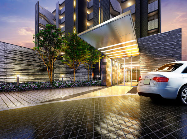 Buildings and facilities. Materials that fancy, Facade design with a presence. Dignified appearance decorated with fine materials with accent line and texture of the black. It celebrates those who imposing driveway and entrance, such as hotels live. (Entrance Rendering)