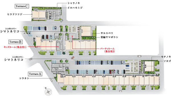 Shared facilities.  [Planting plan can enjoy the transitory and the flowers and greenery of the moisture of the four seasons] In addition to the fact that we arranged Fraxinus griffithii that becomes the symbol tree is the entrance approach, Layout planting in such a manner as to wrap the apartment. Evergreen ・ Including the trees of deciduous, Spring, Summer, Fall, Winter ... along with a color in a variety of flowers and beautiful green appearance, It gives you a pleasant rest in the life of the scene. (Site placement ・ 1-floor plan conceptual diagram)
