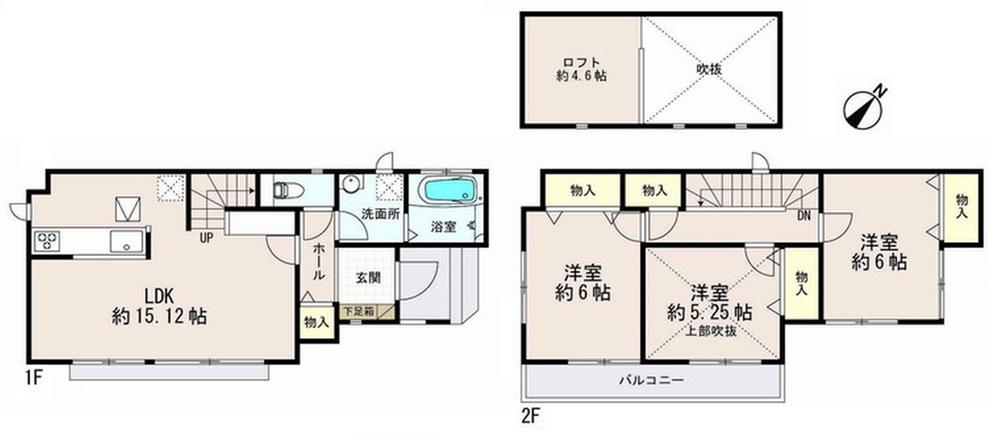 Floor plan. 26,300,000 yen, 3LDK, Land area 106.69 sq m , Building area 81.56 sq m All rooms are south-facing, The second floor is the spacious atrium & 3LDK floor plan with a loft