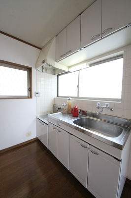 Kitchen. There is a window in the kitchen, Bright space.