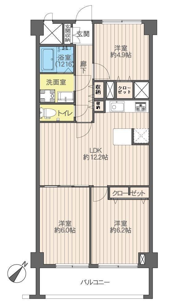 Floor plan. 3LDK, Price 19,800,000 yen, Occupied area 70.28 sq m , Balcony area 12.46 sq m