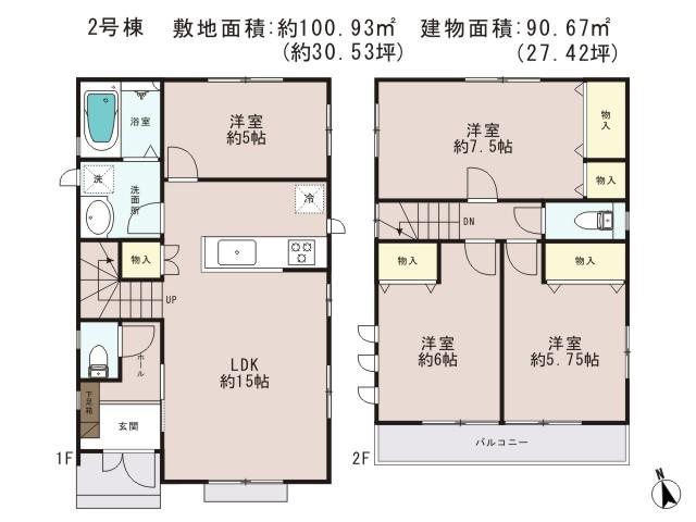 Floor plan. (Building 2), Price 29,800,000 yen, 4LDK, Land area 100.93 sq m , Building area 90.67 sq m