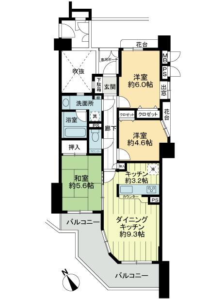 Floor plan. 3LDK, Price 22,800,000 yen, Occupied area 65.02 sq m , Balcony area 13.14 sq m