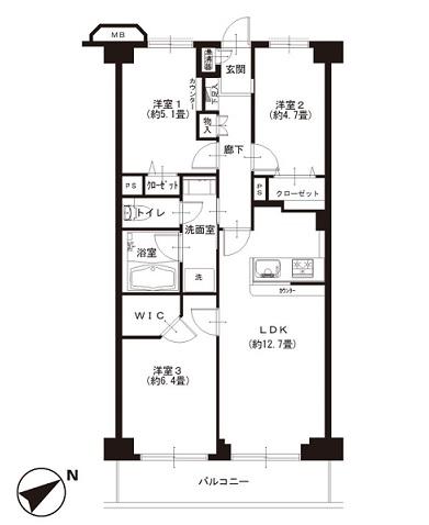 Floor plan. 3LDK, Price 29,300,000 yen, Footprint 66.5 sq m , Balcony area 7.54 sq m