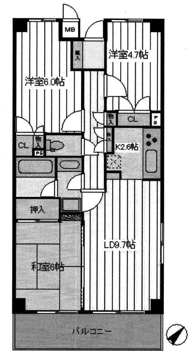 Floor plan. 3LDK, Price 21,800,000 yen, Occupied area 65.68 sq m , Balcony area 8.7 sq m