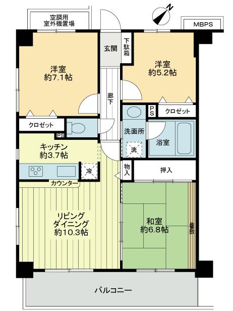 Floor plan. 3LDK, Price 24,900,000 yen, Occupied area 70.81 sq m , Balcony area 10.5 sq m