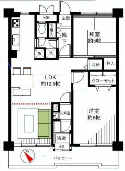 Floor plan. 2LDK, Price 18,800,000 yen, Occupied area 60.89 sq m , Good Floor balcony area 8.26 sq m usability