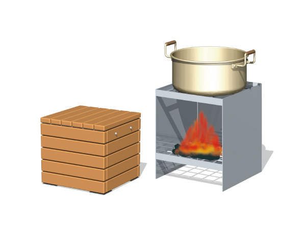 earthquake ・ Disaster-prevention measures.  [Kamado stool] Outdoor bench becomes the stove for soup kitchen. (Conceptual diagram)