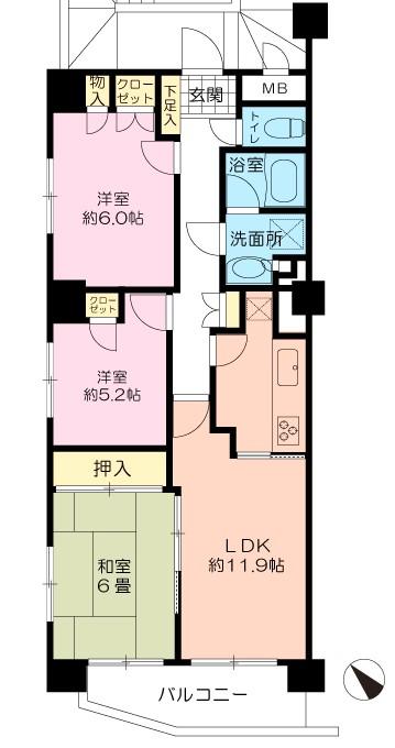 Floor plan. 3LDK, Price 19,800,000 yen, Occupied area 69.12 sq m , Balcony area 7.66 sq m