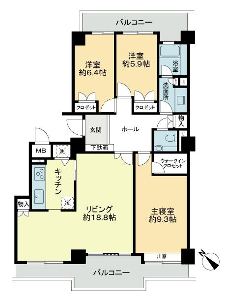 Floor plan. 3LDK, Price 44,800,000 yen, Footprint 103.14 sq m , Balcony area 22.01 sq m floor plan