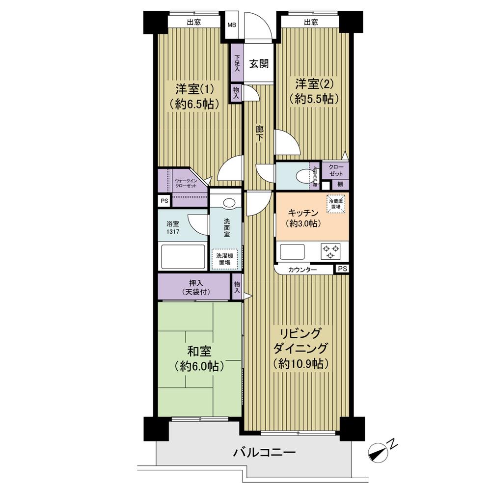 Floor plan. 3LDK, Price 33,900,000 yen, Occupied area 68.64 sq m , Balcony area 8.7 sq m