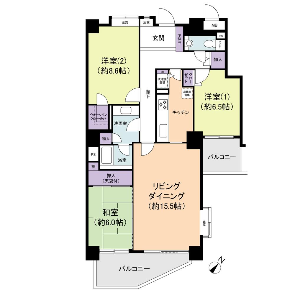Floor plan. 3LDK, Price 33,800,000 yen, Occupied area 99.55 sq m , Balcony area 13.4 sq m