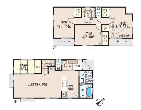 Floor plan. (3 Building), Price 34,800,000 yen, 3LDK+S, Land area 127.18 sq m , Building area 94.56 sq m