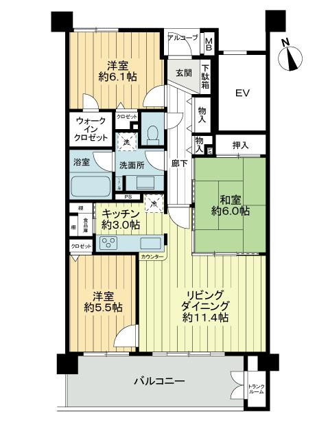 Floor plan. 3LDK, Price 28,900,000 yen, Occupied area 76.82 sq m , Balcony area 12.6 sq m