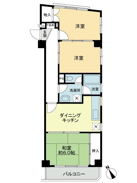 Floor plan. 3DK, Price 12.8 million yen, Occupied area 56.11 sq m , Balcony area 5.07 sq m 3 direction angle room