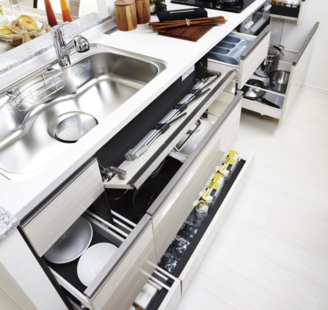 Kitchen.  [Slide storage] And out easily slide storage of large capacity, It will produce the always neat tidy kitchen.