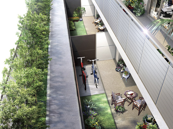 Shared facilities.  [Corridor which is provided on the site south side (passage)] Planning corridor (the passage) to the site south side leading to such as the cycle space. You can approach while feeling the green planting, Moisture is abundant space. (Rendering)
