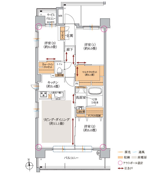 Room and equipment. Large-scale multi-closets in all types ・ Walk-in closet ・ Established a FUTON storage. Uptake Masu brightness adopted the communication window sash in the living dining.