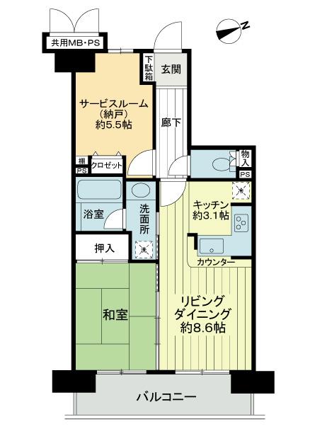 Floor plan. 1LDK + S (storeroom), Price 22,800,000 yen, Occupied area 53.29 sq m , Balcony area 8.62 sq m