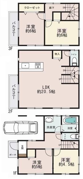 Floor plan. (1 Building), Price 37,800,000 yen, 4LDK, Land area 73.15 sq m , Building area 107.73 sq m