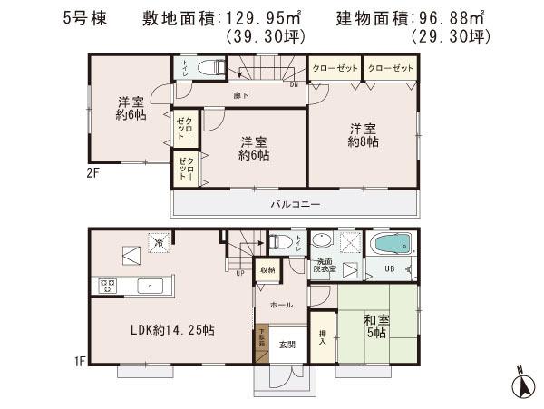 Floor plan. (5 Building), Price 25,800,000 yen, 4LDK, Land area 129.95 sq m , Building area 96.88 sq m