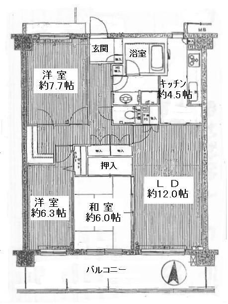 Floor plan. 3LDK, Price 13,900,000 yen, Occupied area 84.66 sq m , Balcony area 14.94 sq m