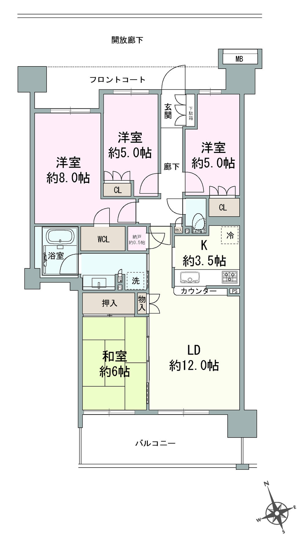 Floor plan. 4LDK + S (storeroom), Price 23,100,000 yen, Occupied area 87.03 sq m , Balcony area 12.4 sq m