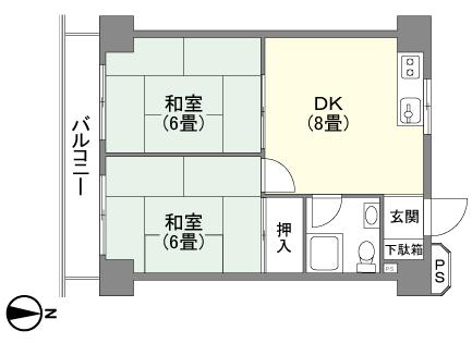 Floor plan. 2DK, Price 2.5 million yen, Occupied area 38.88 sq m , Balcony area 5.13 sq m