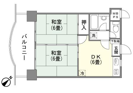 Floor plan. 2DK, Price 3 million yen, Occupied area 39.58 sq m , Balcony area 12.35 sq m