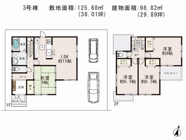 Floor plan. (3 Building), Price 25,800,000 yen, 4LDK, Land area 125.68 sq m , Building area 98.82 sq m