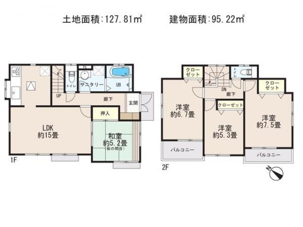 Floor plan. 18,800,000 yen, 4LDK, Land area 127.81 sq m , Building area 95.22 sq m