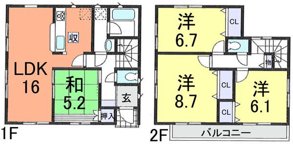 Floor plan. (Building 2), Price 16.8 million yen, 4LDK, Land area 127.68 sq m , Building area 97.19 sq m