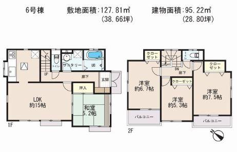 Floor plan. 18,800,000 yen, 4LDK, Land area 127.81 sq m , Floor plan of the building area 95.22 sq m All rooms southwestward