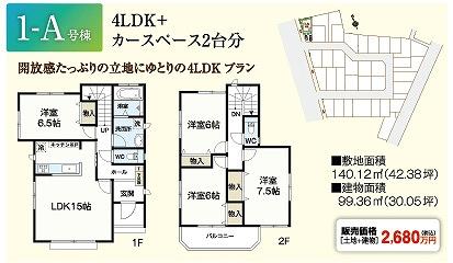 Floor plan. (1-A), Price 26,800,000 yen, 4LDK, Land area 140.12 sq m , Building area 99.36 sq m