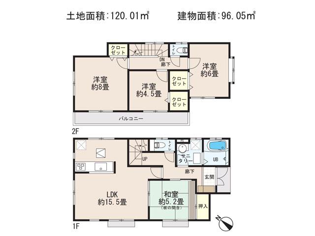 Floor plan. (Building 2), Price 21,800,000 yen, 4LDK, Land area 120.01 sq m , Building area 96.05 sq m