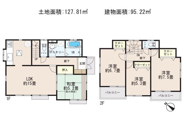 Floor plan. (6 Building), Price 19,800,000 yen, 4LDK, Land area 127.81 sq m , Building area 95.22 sq m