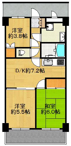 Floor plan. 3DK, Price 8.8 million yen, Occupied area 50.44 sq m , Balcony area 6.24 sq m